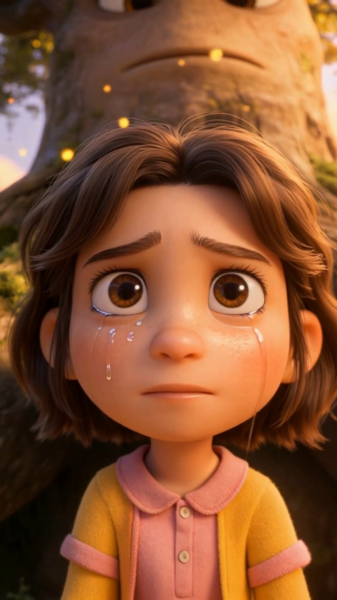 A young animated child with short brown hair crying with tears streaming down the cheeks